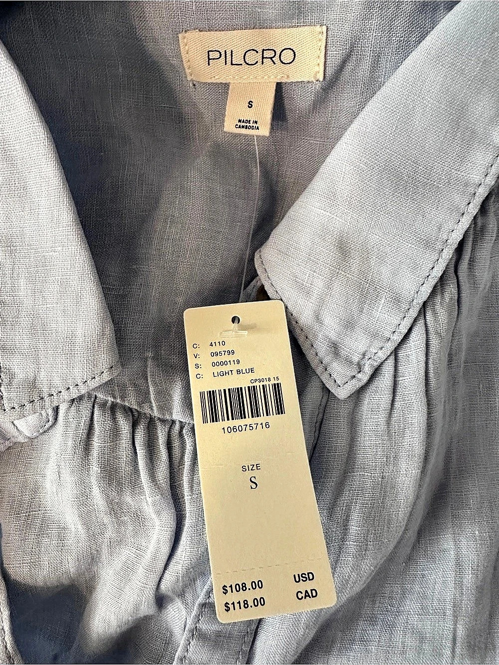 Pilcro Aly 100% Linen Puff-Sleeve Blouse Blue Small - Picture 7 of 7